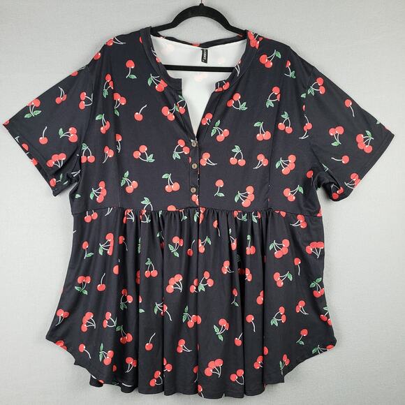 Allegrace Size 3X Cherry Print Babydoll Top Black Red Kawaii Pinup Rockabilly - Picture 1 of 10